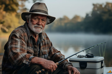 Elderly man wearing a hat is holding a fishing rod while sitting on a dock at sunrise