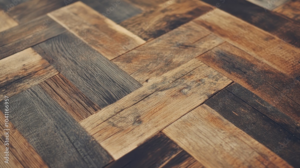 Poster close-up view of a weathered wooden plank floor with a herringbone pattern