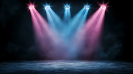 Fototapeta premium The image is a dark background illuminated by five spotlights, two pink and two light blue, creating a moody and mysterious atmosphere.