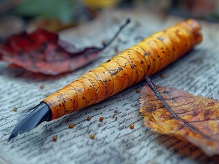 Vintage Quill Pen on Old Paper with Autumn Leaves