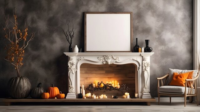 Modern minimalist wall art mockup of fireplace living room for Halloween, blank frame for wall art mockup of living room, Halloween and Christmas spooky scary vibes of the room interior design