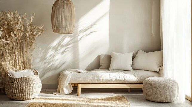 Beige futon sofa with throw blanket, wicker basket, and ottoman in a minimalist living room setting