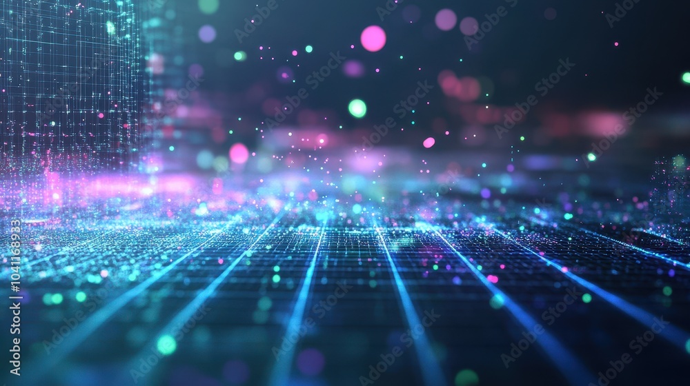Poster abstract digital network with glowing blue lines and bokeh lights