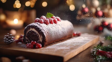 Chocolate Yule Log with Powdered Sugar and Berries