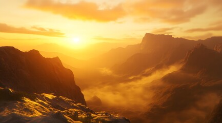 Fototapeta premium beautiful sunrise over mountains with misty clouds in the background