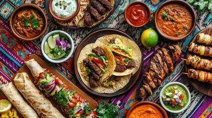 A Feast of Mexican Cuisine with Tacos, Kebabs, and Dips
