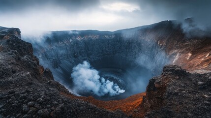 Smoking crater of vilyuchinsky volcano erupting against a majestic mountain landscape in russia, showcasing dramatic volcanic activity amidst rugged natural scenery for an awe-inspiring geographical a