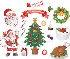 クリスマス　サンタクロース　ツリー　プレゼント　飾り　あしらい　男性　シニア　人物　イラスト