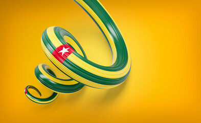 Flag of Togo Spiral Glossy Ribbon Flag Isolated On Yellow Background 3d Illustration