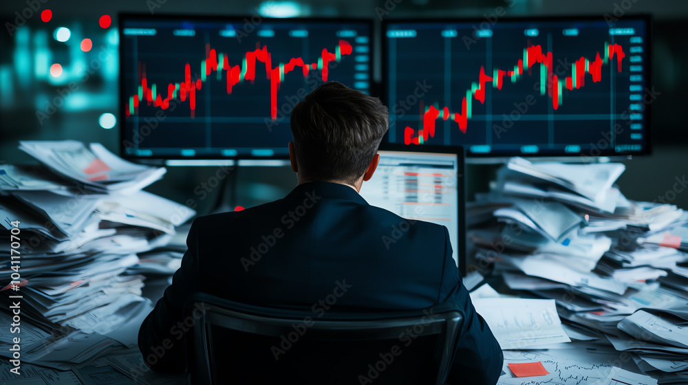 Wall mural banker watching fluctuating stock charts on screens, surrounded by piles of financial reports, symbo