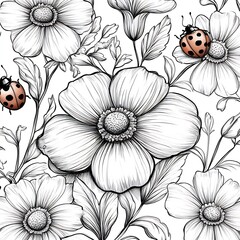 Fototapeta premium Handdrawn illustration of L featuring lovely ladybugs and flowers outlined in black on a white background making it a great coloring activity for kids