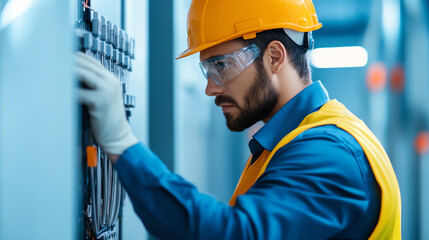 Worker checking electrical panel, industrial setting, safety gear