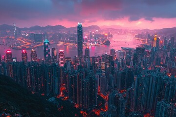 Fototapeta premium Hong Kong Skyline at Dusk with Vibrant Pink Sky and City Lights