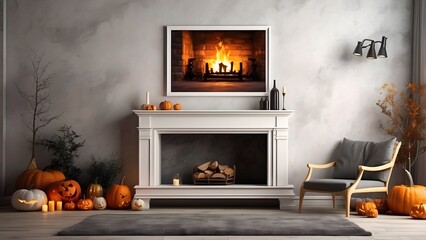Modern minimalist wall art mockup of fireplace living room for Halloween, blank frame for wall art mockup of living room, Halloween and Christmas spooky scary vibes of the room interior design