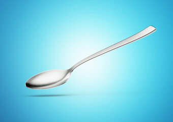 Gleaming Metal Spoon With Its Elongated Handle And Rounded Bowl On Blue Background 3D Illustration