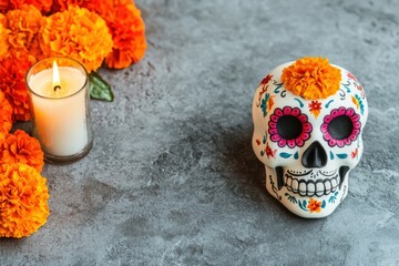 Fototapeta premium Sugar skull and candles concept in a graveyard. A colorful sugar skull surrounded by marigold flowers and a lit candle embodying the Día de los Muertos celebration