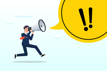 Warning message, shouting alert or danger warning, important message on loud speaker, emergency attention, safety or urgency scream concept, businessman shouting on megaphone with exclamation point