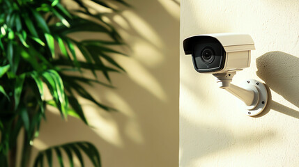 White security camera mounted on a beige wall, early morning sunlight casting shadows, background blurred greenery, shallow depth of field, close-up shot