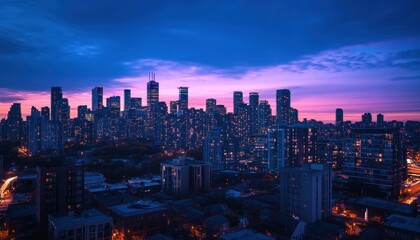 Fototapeta premium Cityscape at Dusk with a Vibrant Purple Sky