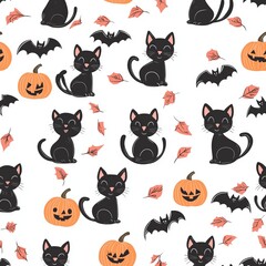 seamless pattern of playful black cats with pumpkins and bats