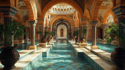 Fototapeta premium Ornate indoor pool area with arches, plants, and vibrant tiles.