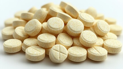 A close-up view of a pile of round yellow tablets scattered on a light background, created for wellness and health applications