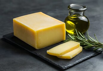 block of cheddar cheese on a black rectangular plate