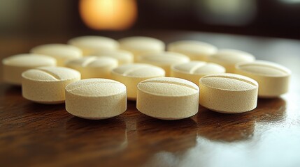 A collection of round yellow tablets arranged neatly on a wooden surface in natural light