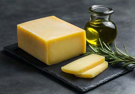 block of cheddar cheese on a black rectangular plate - Powered by Adobe