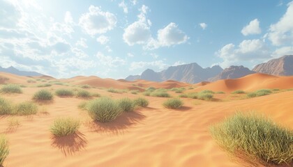 Desert landscape with sand dunes, mountains, and sparse vegetation.