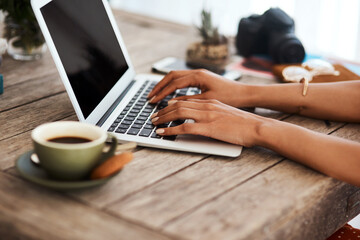 Coffee, typing and person with laptop, desk and breakfast for fiction writer, hands and creative....