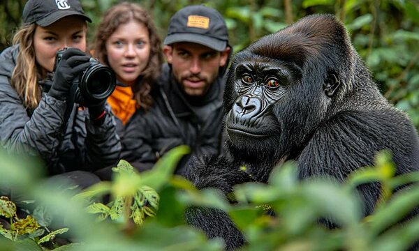 A group observes a gorilla in its natural habitat, capturing a moment.