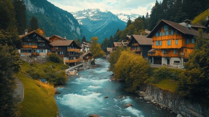 Fototapeta premium Scenic swiss landscape with serene river stream flowing through countryside houses and lush green hills, capturing the natural beauty of switzerland’s rural countryside in vibrant detail for nature an