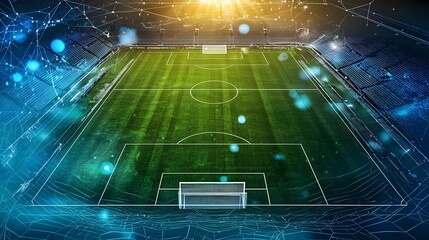 A photograph showcasing a soccer field with advanced holographic digital goals at each end representing the of technology and sports in a visually captivating and futuristic setting