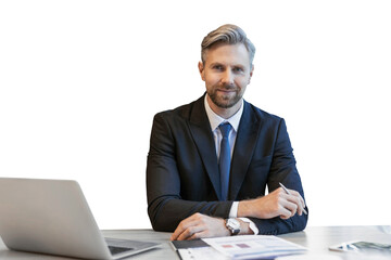 Portrait of happy businessman sitting at office desk, looking at camera, smiling on a transparent...