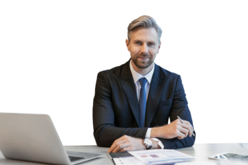 Portrait of happy businessman sitting at office desk, looking at camera, smiling on a transparent background