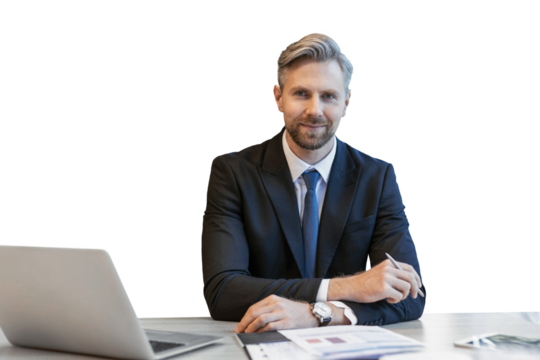 Portrait of happy businessman sitting at office desk, looking at camera, smiling on a transparent background