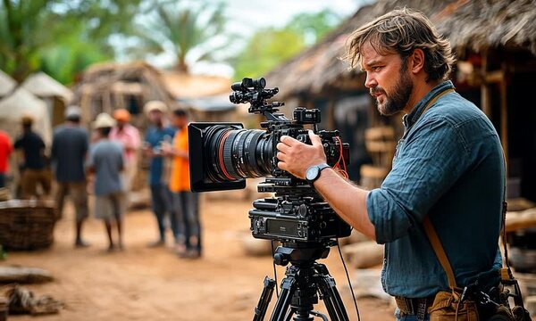 Filmmaker operating a camera in a village setting.
