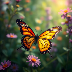 Naklejka premium Butterfly flying over vibrant natures colorful patterns