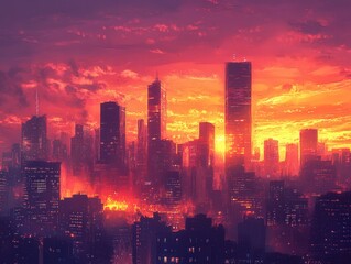 Fototapeta premium City Skyline at Sunset with Dramatic Red Sky