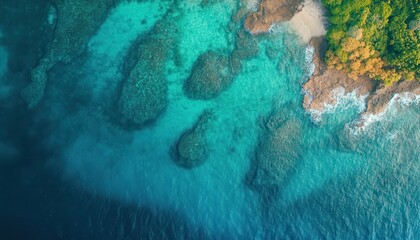 Obraz premium Aerial View of Turquoise Ocean Water and Coastal Forest