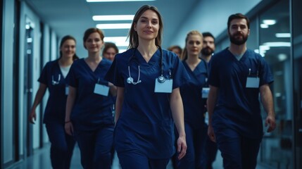 Fototapeta premium A cool group of osteopaths in dark blue uniforms, walking with purpose, shot from the front.