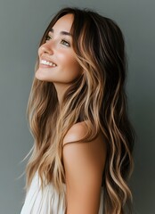 Naklejka premium Confident and Charming Woman with Long Wavy Hair in White Dress on Light Gray Background