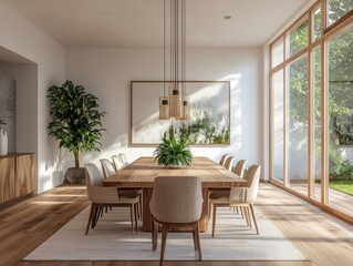 Fototapeta premium Modern Dining Room with Wooden Table, Chairs, and Large Window