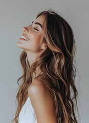 Naklejka premium Confident and Charming Woman with Soft Wavy Hair Standing Sideways and Looking Up on Light Gray Background