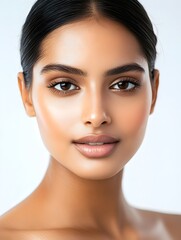 Obraz premium Close up Portrait of Radiant and Delicate Featured India Woman with Flawless Skin in Gentle Natural Lighting
