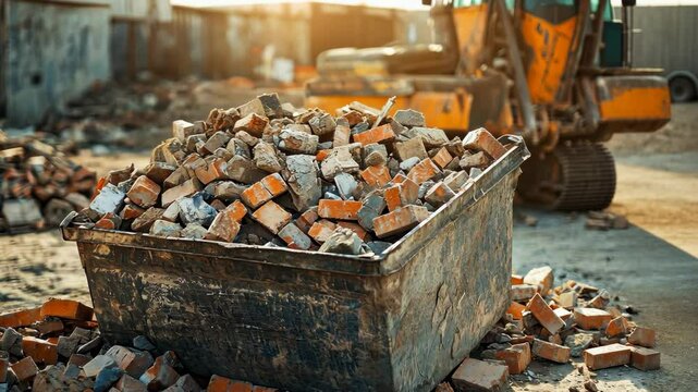 A large metal dumpster full of bricks and debris sits on a construction site