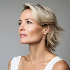 Naklejka premium Captivating Mature Blonde Beauty with Radiant Glow in Minimalist Studio Portrait
