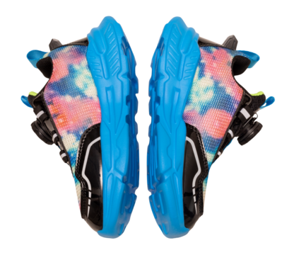 Side view of colorful kids shoes with vibrant shades, on transparent background. Playful, bold design perfect for active children. Modern, trendy look for kids. Fashion, footwear.