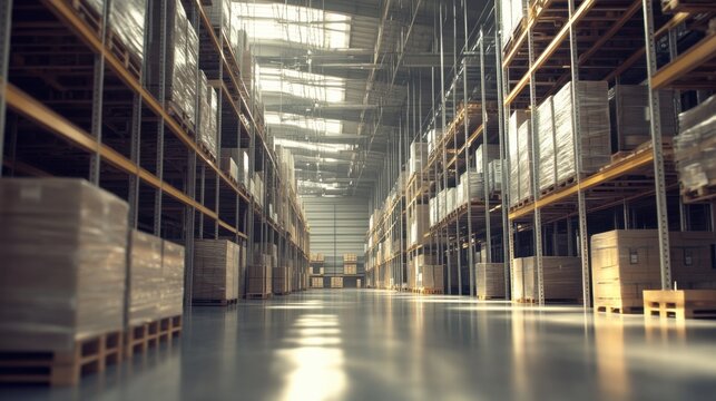 A modern warehouse brimming with pallets and crates neatly arranged on high shelves, Symbolizing the backbone of supply chain management, photography style